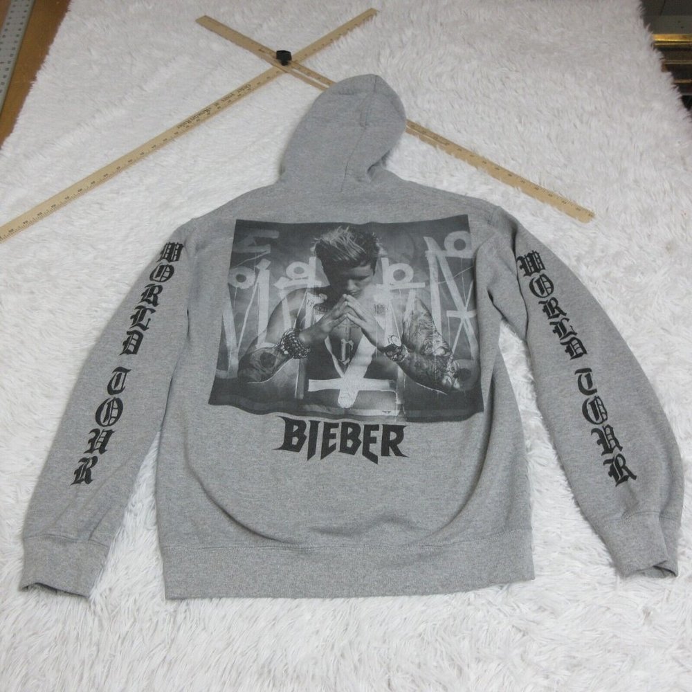 Justin Bieber Hoodie Womens Small Gray Black World Tour Pullover Sweatshirt
